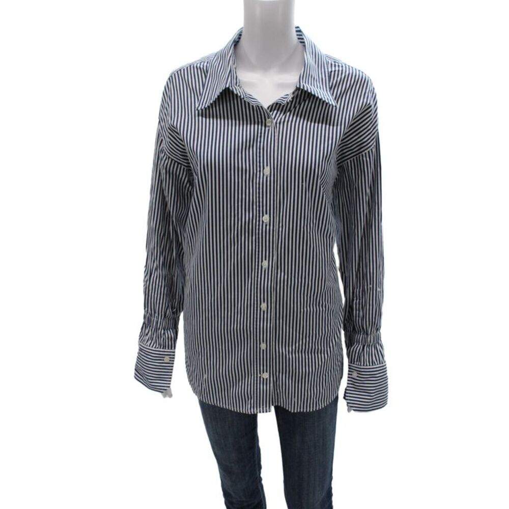 A.L.C. Womens Dark Blue Striped Collared Button Up Long Sleeve Cotton Top Size 2